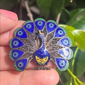 Vintage Sterling Silver Enameled Filigree Peacock Portugal Brooch